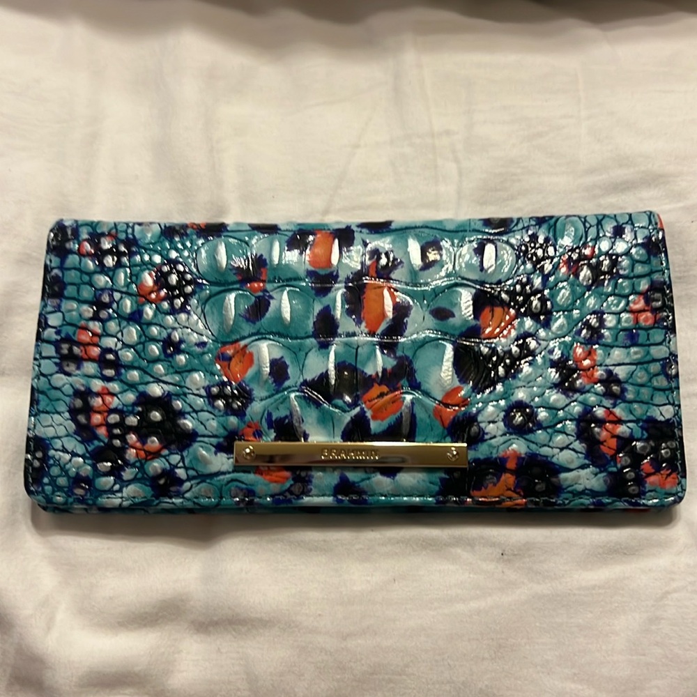 Brahmin Teal Blue Orange Printed Croc-Embossed Leather Wallet